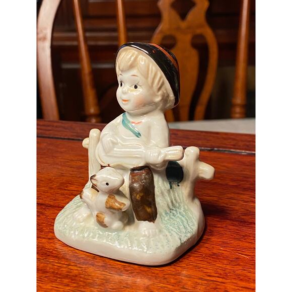 VTG 50s German Porcelain Figurine Boy w stringed instrument & squirrel 3 in tall - Picture 10 of 10